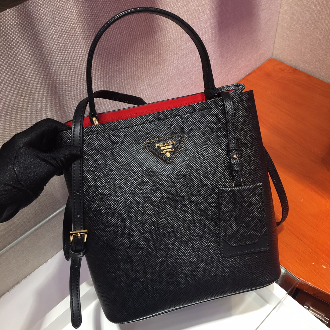 Prada Medium Panier Saffiano Leather Bag Black/Fiery Red 1BA212